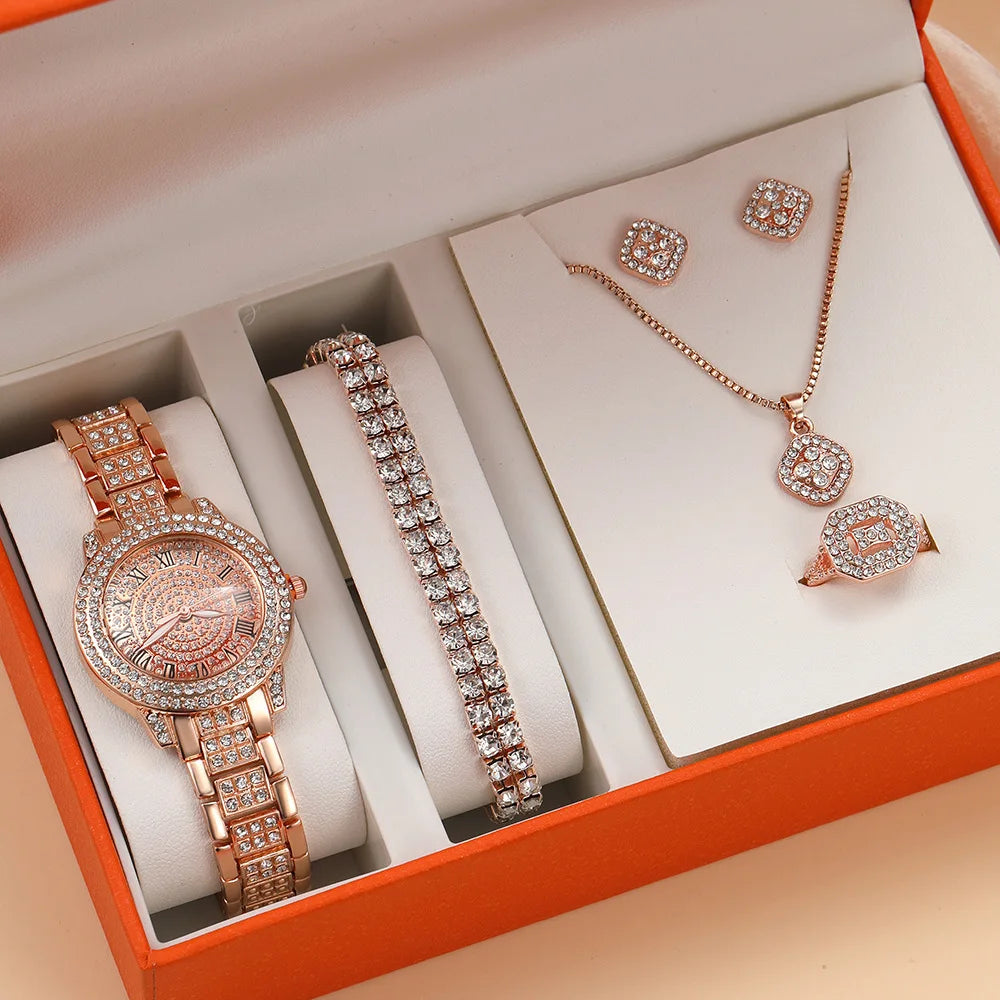Fashion Luxury Full Crystal 5 Pcs Watch  Necklace Earrings  Ring  Set for Women Rhinestone  Wristwatch Female Bracelet Set Gift