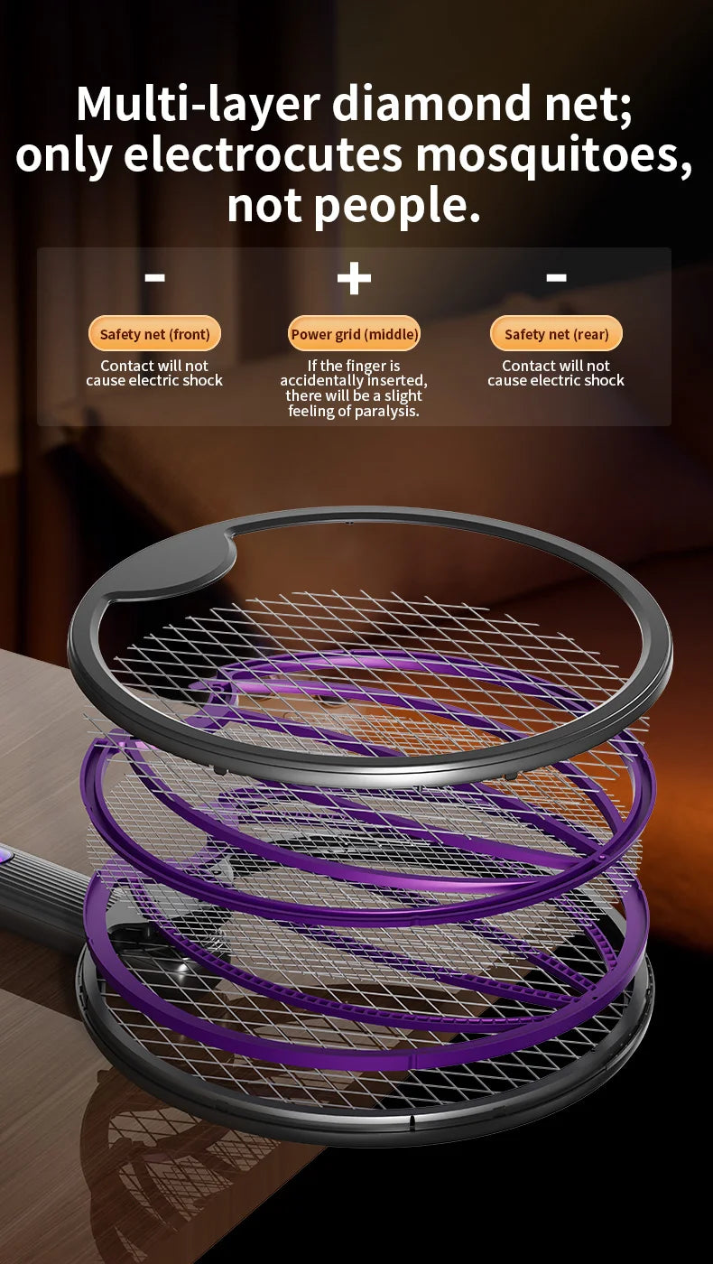 3 in 1 Foldable USB Rechargeable 3000V Mosquito Fly Swatter UV Trap LED Dual Switch Safe Grid 0° Wall Stick Bug Zapper