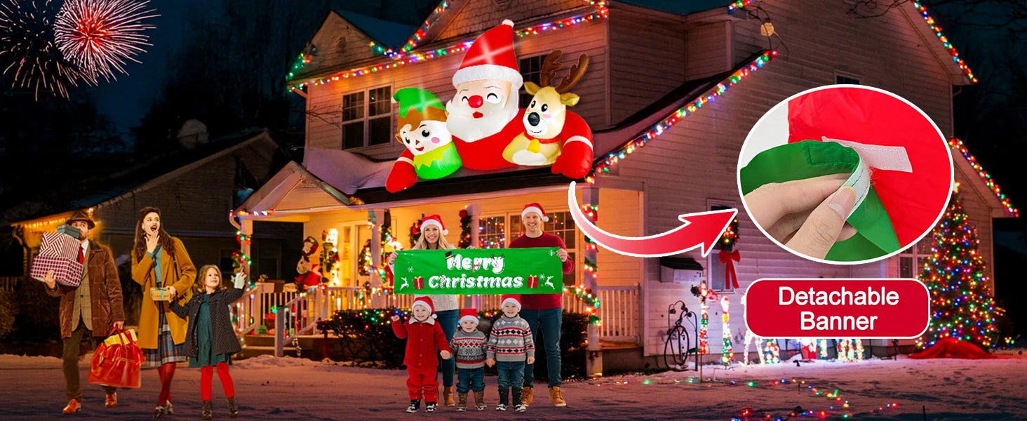 OurWarm 7.2FT Christmas Inflatable Outdoor Decoration,Detachable Banner Inflatable Santa Claus Outdoor with Elf & Reindeer Decor