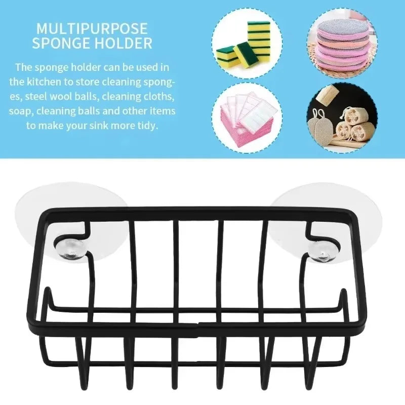 Home With Hook Draining Durable Soap Black Kitchen Sink Scrubber Countertop Sponge Holder Hollowed Suction Cup Caddy Organizer