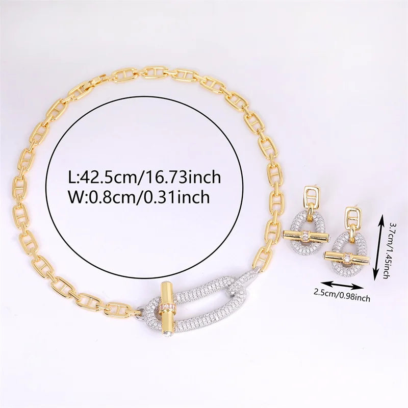 18k Gold Plated Copper Zircon OT Buckle Necklace Bracelets Ring Earring For Women Party Banquet Jewelry Set Accessory