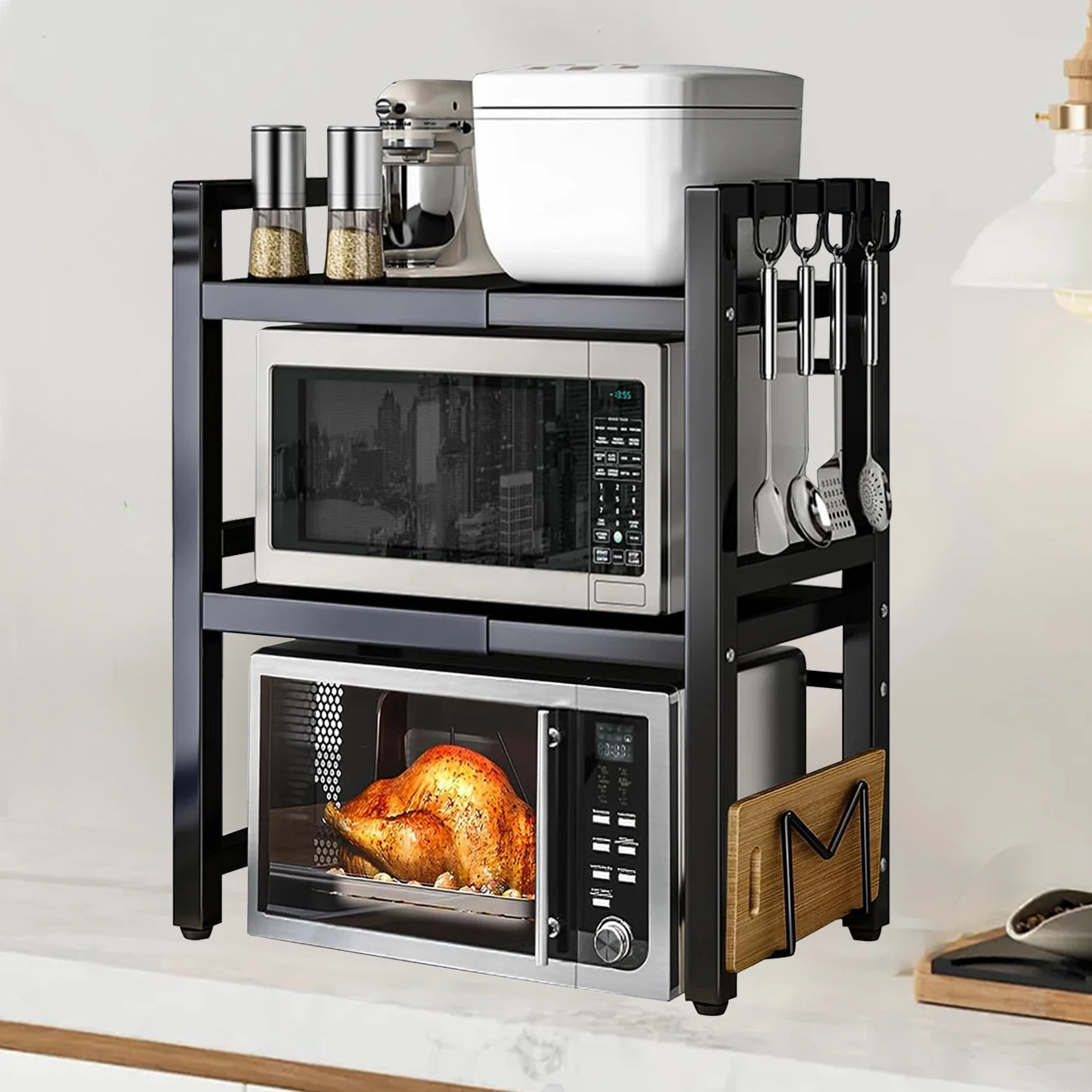 Expandable Microwave Oven Rack 2 Tier microwave shelf, with 6 hooks Adjustable Width Kitchen Counter Organizer Shelf Stand