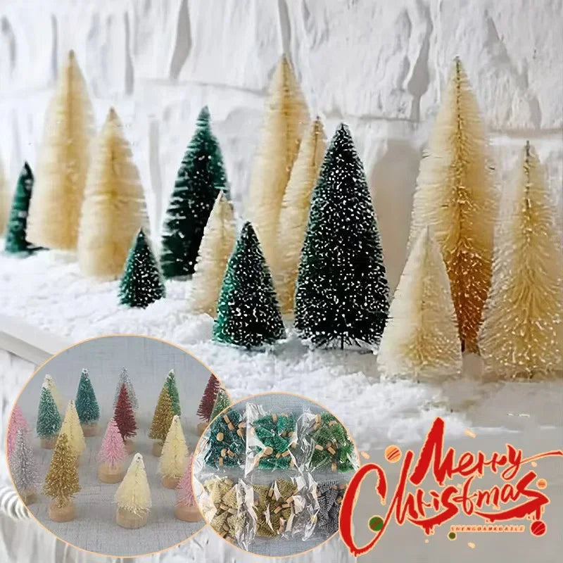 12Pcs DIY Mini Christmas Tree Sisal Silk Cedar Desktop Decoration Small Christmas Tree 2025 Xmas New Year Decor Micro-landscape