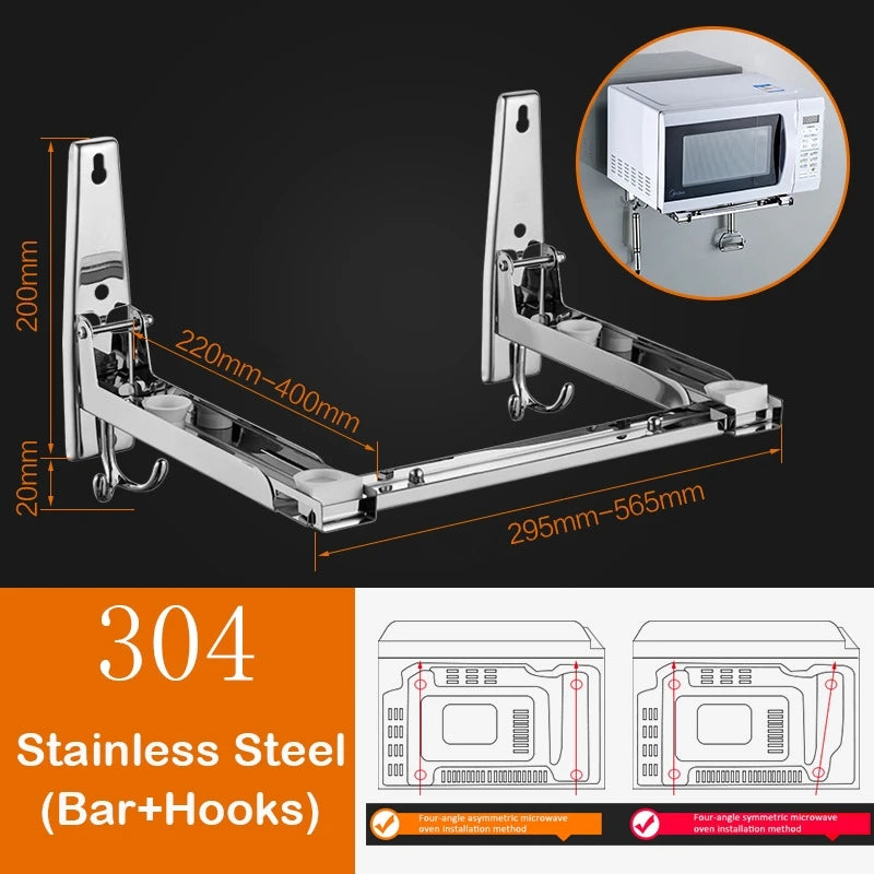 Microwave Oven Holder Folding Rack Stainless Steel Kitchen Shelf Foldable Retractable Bracket Oven Rack Hooks Telescopic Shelves