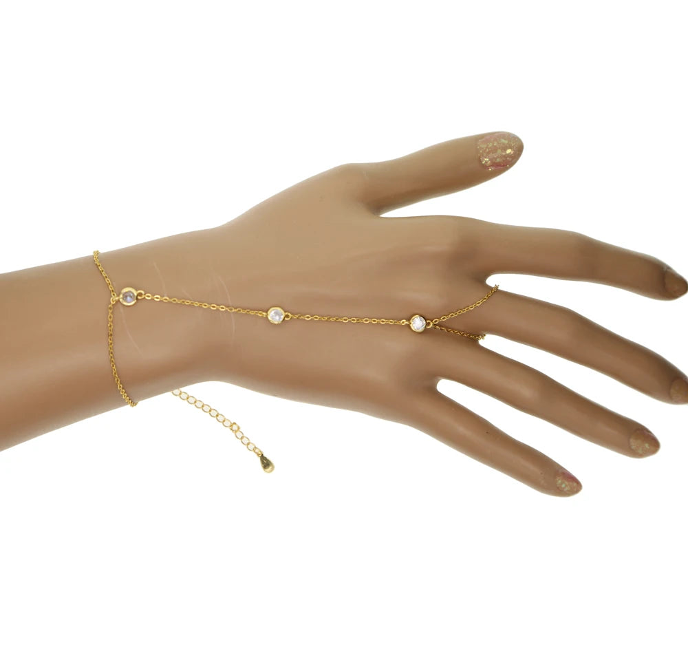 100% 925 Sterling Silver Slave Chain Bracelet Connected Finger Ring Bling AAA Sparking Cz Zirconia Handlets Layers Jewelry Women