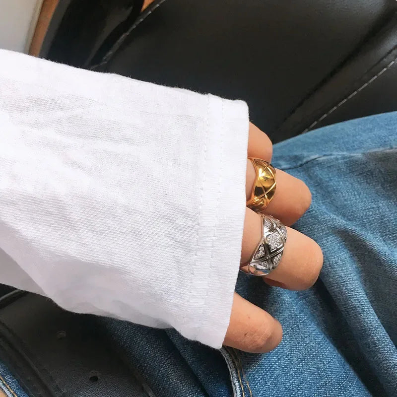 Fashionable Diamond Embedded Heavy Work Polished Wide Version Rhombus Pattern Ring Couple Jewelry Cross-Border Accessories