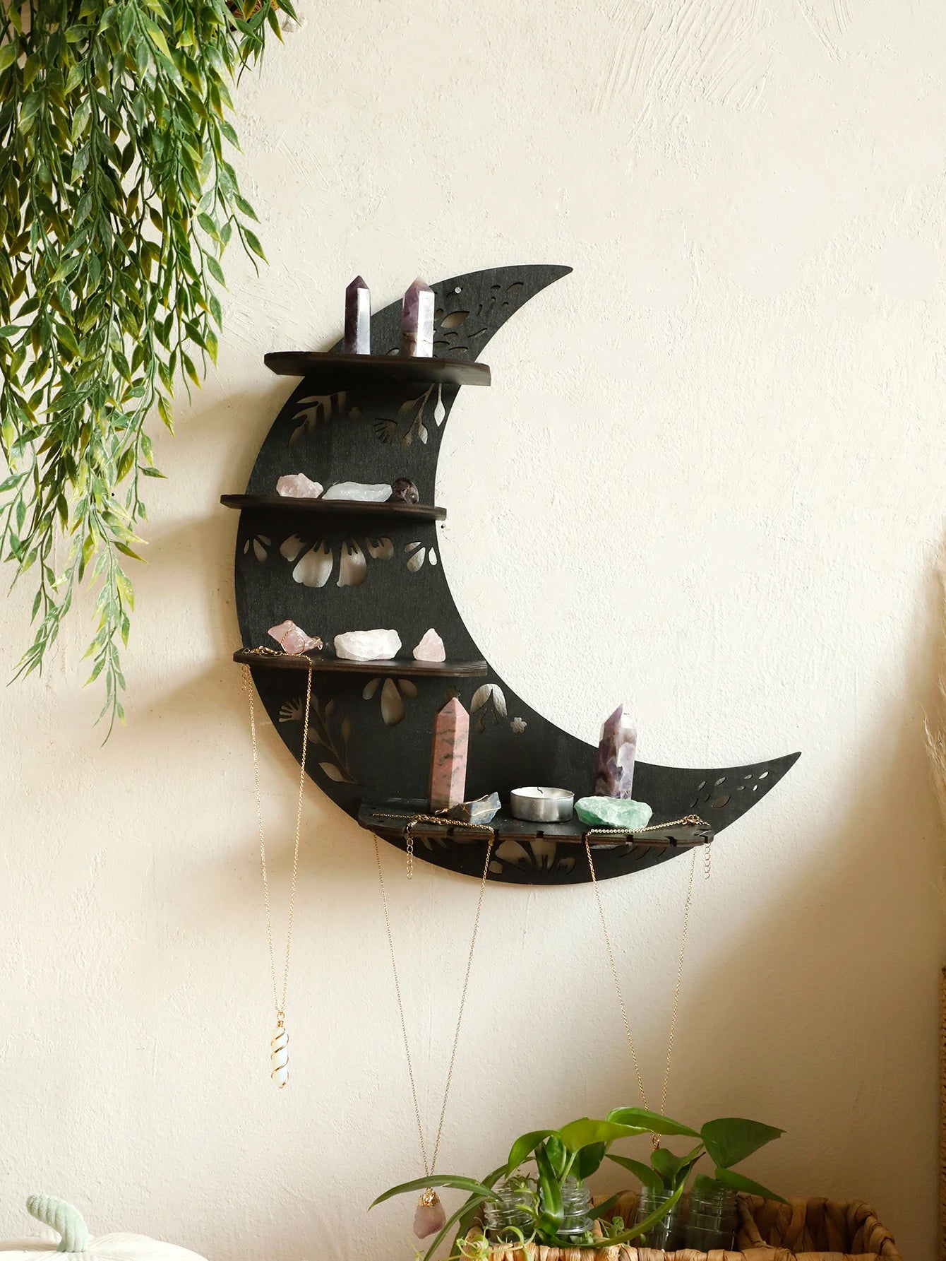 30/39cm Black Moon Wall Shelves 4-tier Wood Floating Wall Shelf Gothic Home Decor Crystal Shelf Display Ledge Essential Oil Rack