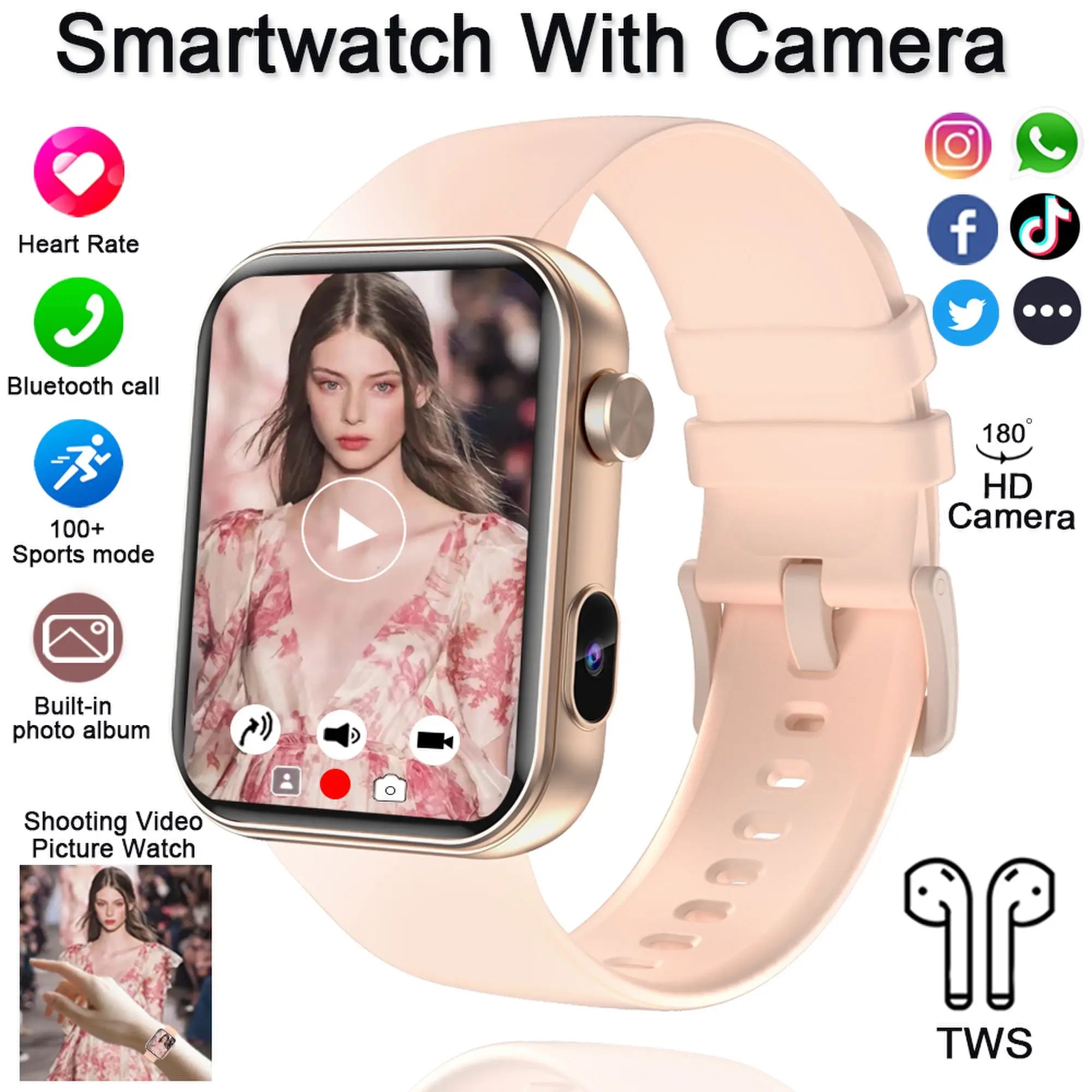Camera Smart Watch with Video, BT Call & Health