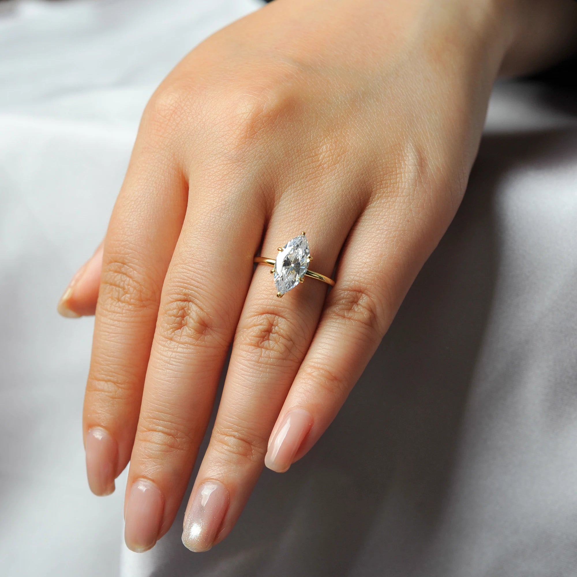 Potiy Vintage 9ct 5A Marquise Shape Cubic Zirconia Solitaire Engagement Ring For Women 925 Sterling Silver 14K Yellow Gold