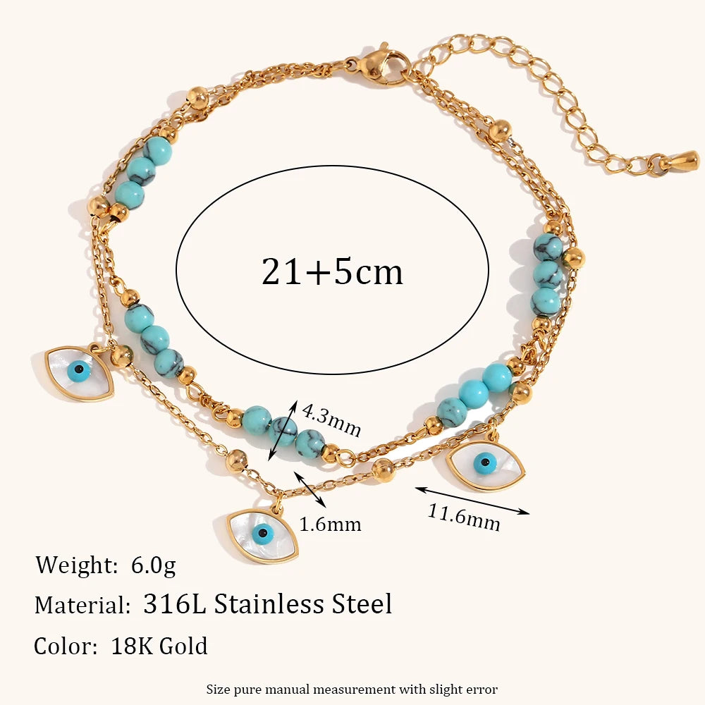Popular Shell Blue Turquoise Evil Eye Pendant Double Layers Leg Bracelet  For Women Stainless Steel Ankle Bracelet Jewelry