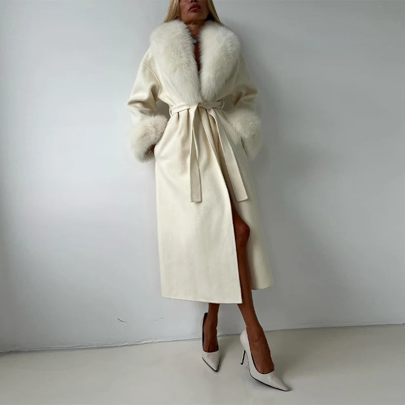 Luxurious Women's Overcoat Faux Full Sleeve Double Breasted Belt Lace Up Female Black Coats 2025 Autumn Winter Chic Lady Outwear