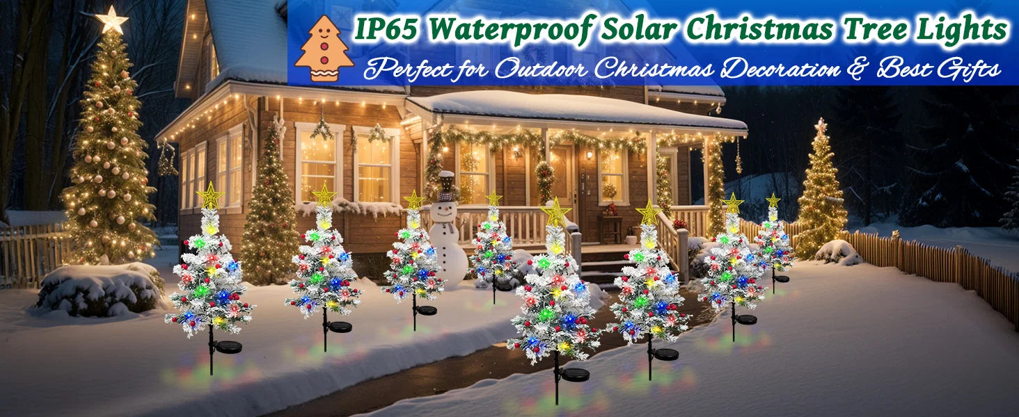 OurWarm 2 pcs Solar Christmas Tree Outdoor Christmas Decor, 29In Flocked Christmas Tree , Mini Small Christmas Tree with 40LED