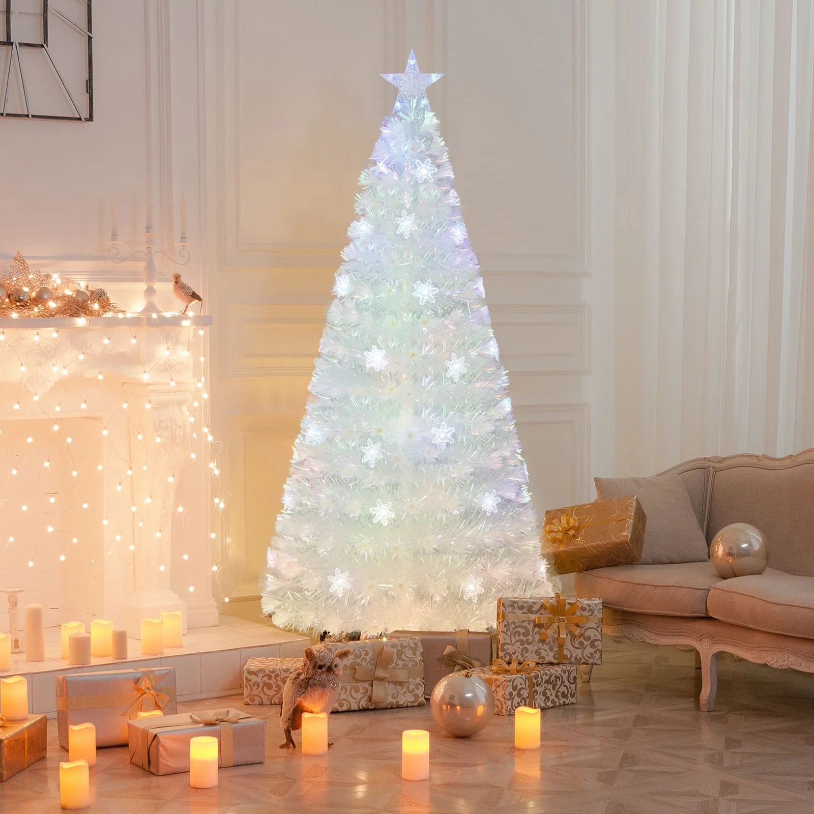 GOFLAME 180 cm Artificial Fiber Optic Christmas Tree, White Pre-lit Xmas Tree with 230 Branch Tips, Iridescent Leaves