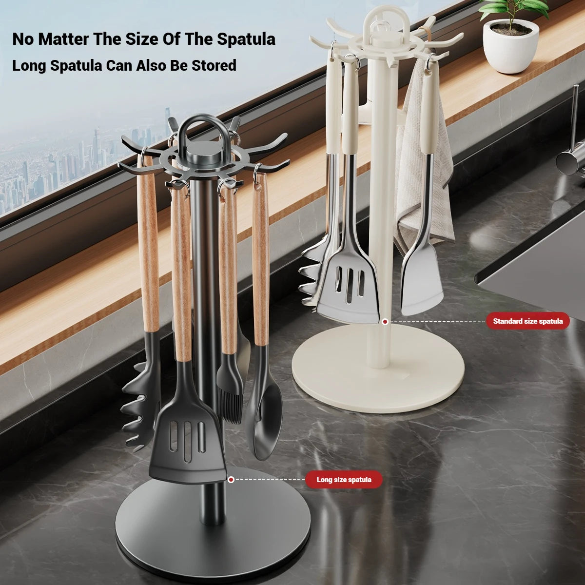Kitchen Utensil Stand: Rotating Storage Hanger with 8 Hooks,for Countertop Organization rotatable Cooking Utensils Holder