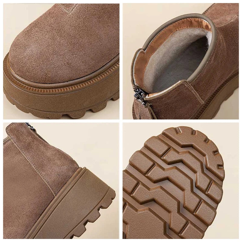 Fujin 7cm Suede Leather Snow Shoes Ankle Booties Platform Winter Boots Women Comfortable Non Slip Chelsea Boots Chunky Heel