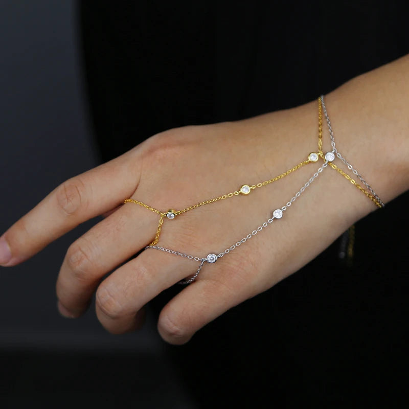 100% 925 Sterling Silver Slave Chain Bracelet Connected Finger Ring Bling AAA Sparking Cz Zirconia Handlets Layers Jewelry Women