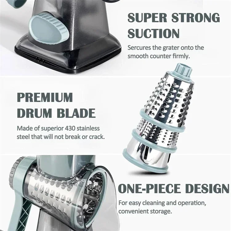 2025 3-in-1 Rotary Cheese Grater Multifunctional Manual Veg Slicer Nut Grinder Kitchen Essential Tool