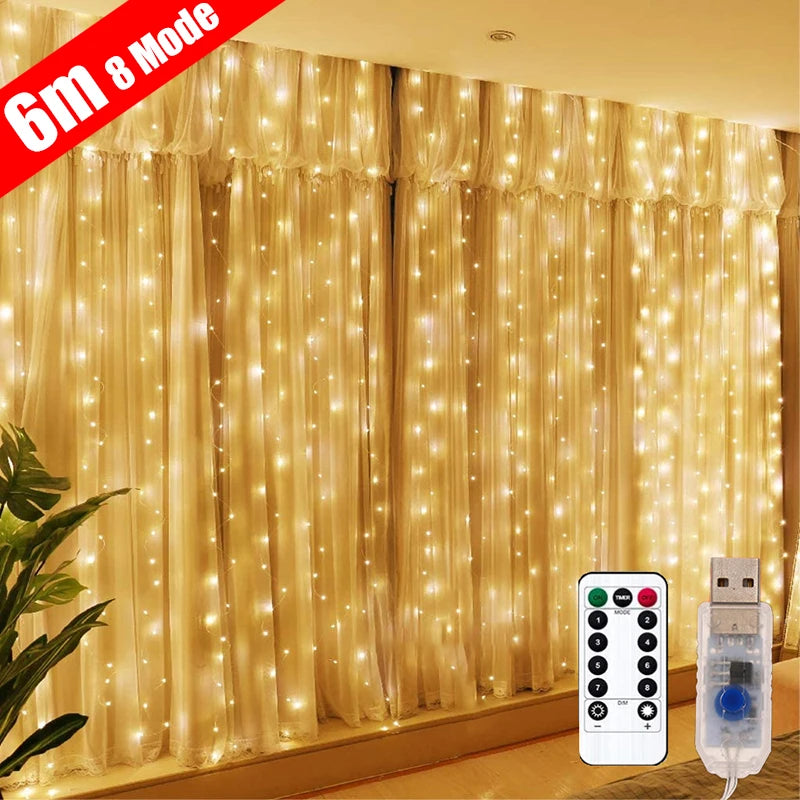 LED Curtain Garland on The Window USB String Lights Fairy Festoon Remote Control Christmas Wedding Decorations for Home Room