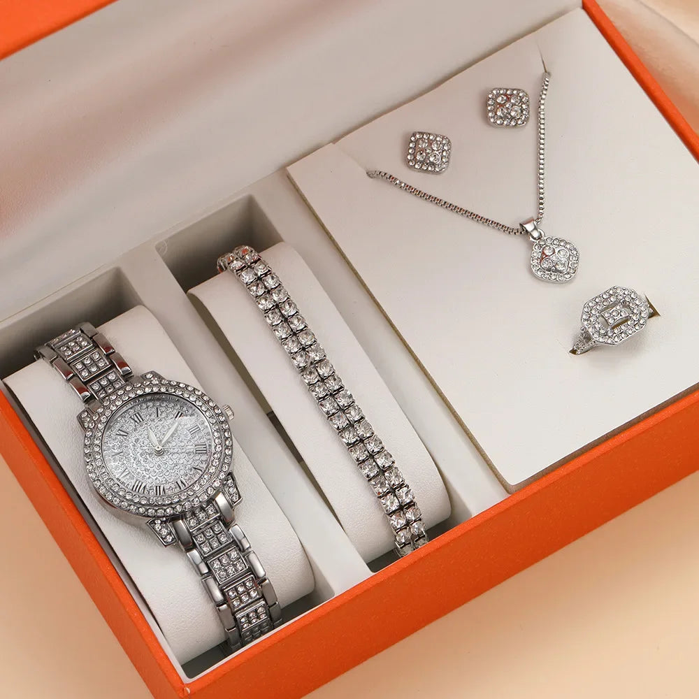 Fashion Luxury Full Crystal 5 Pcs Watch  Necklace Earrings  Ring  Set for Women Rhinestone  Wristwatch Female Bracelet Set Gift