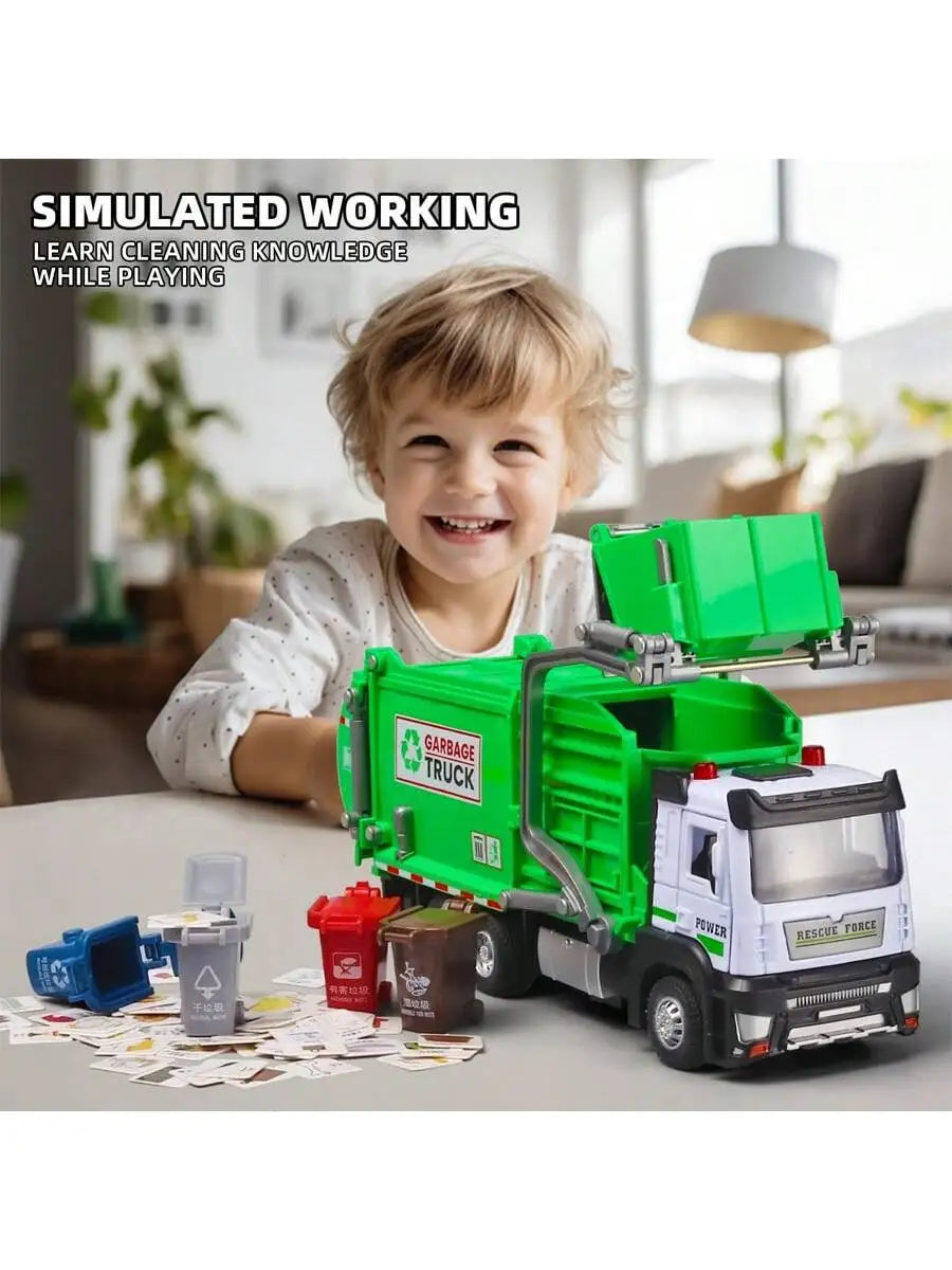 Realistic Garbage Truck Toy Set with Trash Can & STEM Learning Cards | 6+ Years Interactive Pull-Back Vehicle for Boys & Girls,