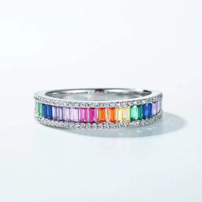 ALLNOEL Rainbow Band Ring for Woman Pure 925 Sterling Sliver 5A Zircon Eternity Fine Jewelry Colorful Engagement Birthday Gifts