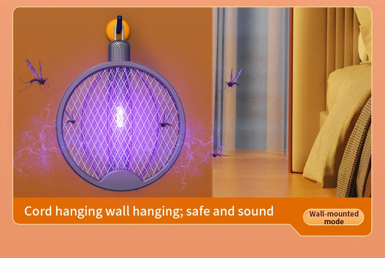 3 in 1 Foldable USB Rechargeable 3000V Mosquito Fly Swatter UV Trap LED Dual Switch Safe Grid 0° Wall Stick Bug Zapper