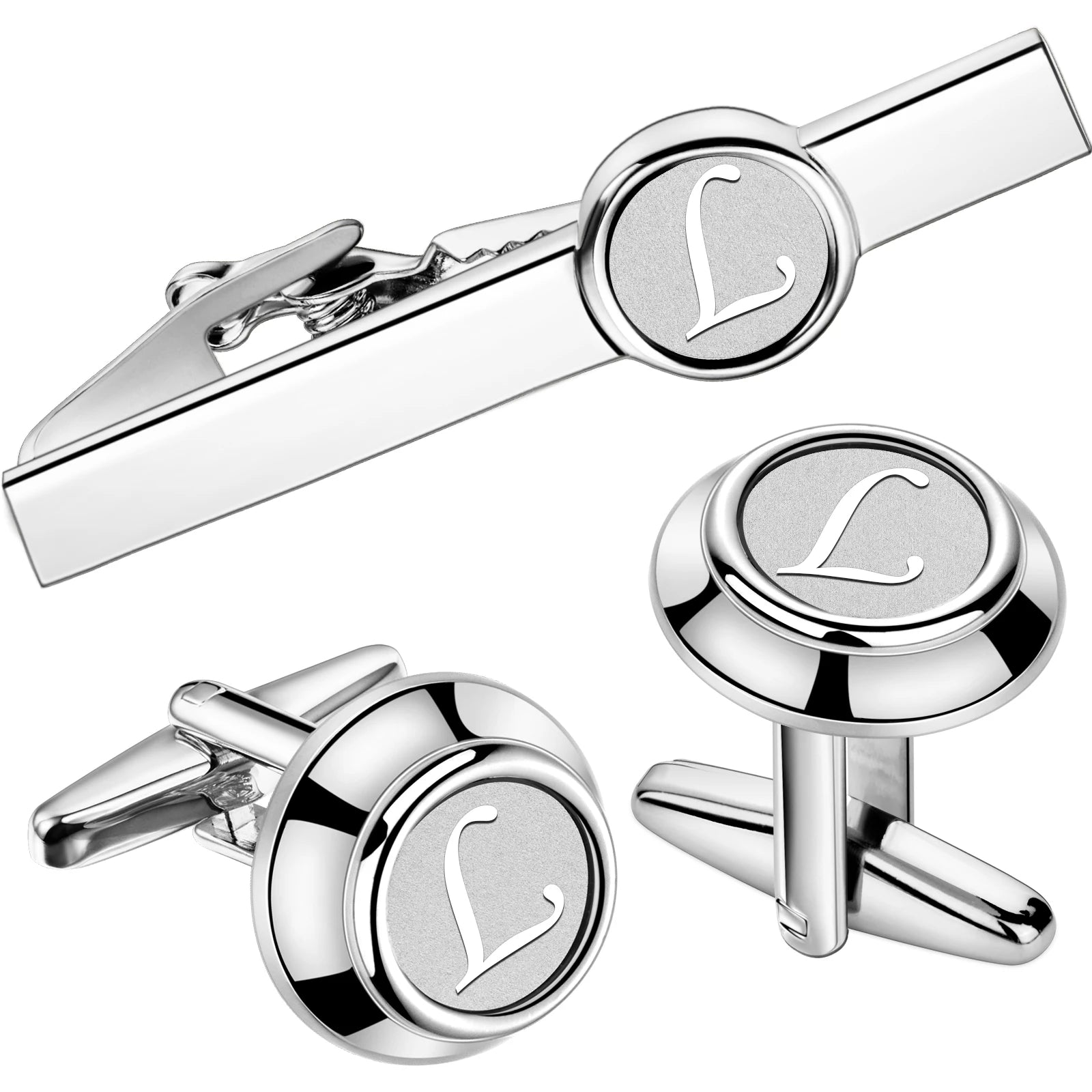 HAWSON 2 Inch Personalized Initial A-Z Cufflinks and Tie Clip Set for Men Silver Plated Shirt Accessories Business Gift Jewelry