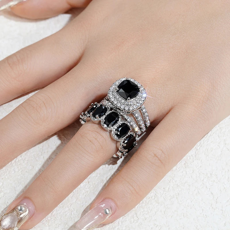 Huitan New Trendy Set Rings for Women Pink/White/Green/Black Cubic Zirconia Rings Gorgeous Wedding Accessories Eternity Jewelry