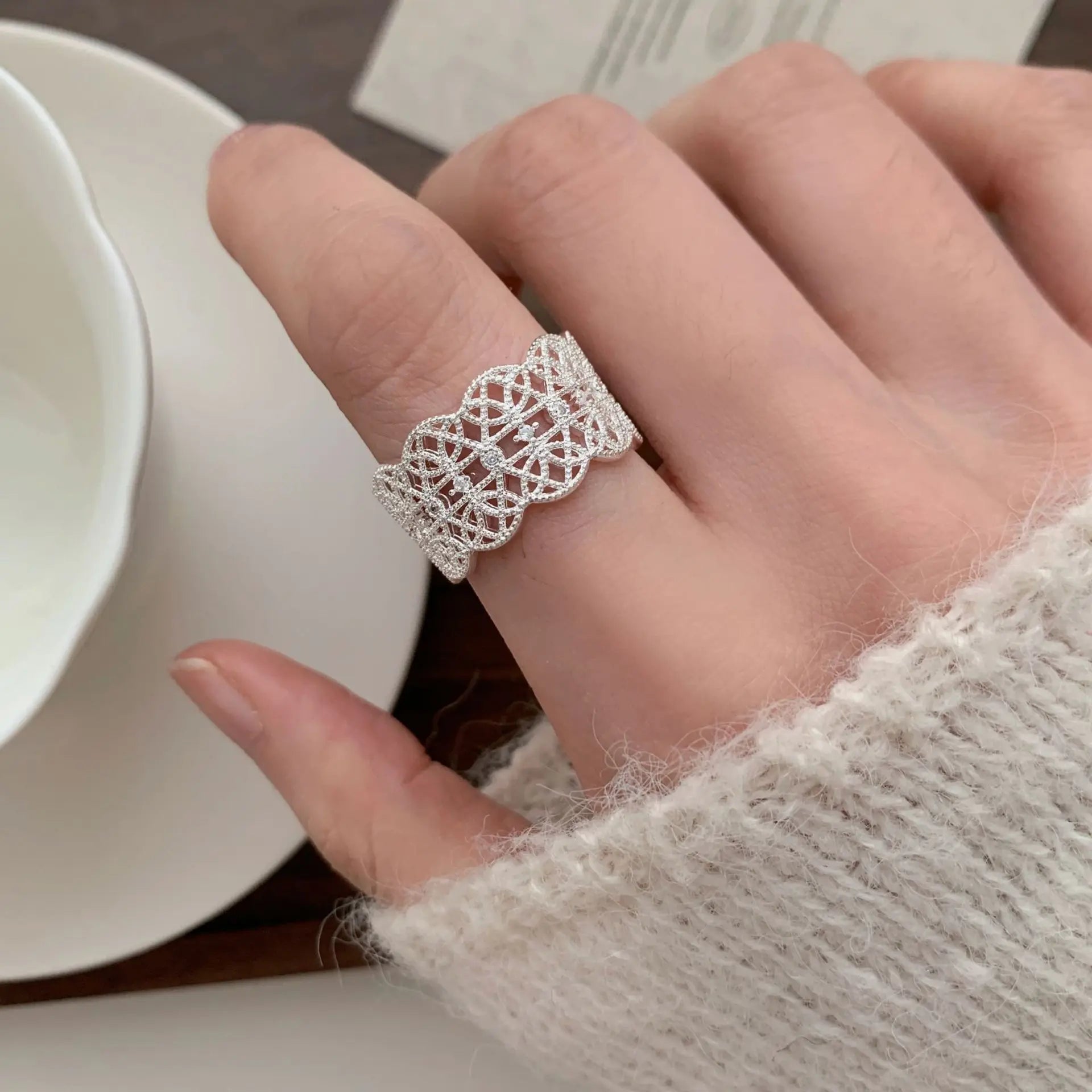 PANJBJ 925 Sterling Silver Geometry Crystal Ring For Women Ellipse Exaggerated Punk Water Drop Open Jewelry Gift Dropshipping