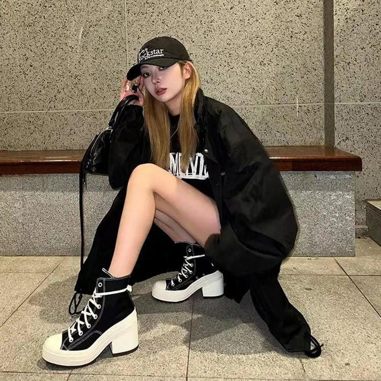 Women’s Canvas Platform Sneakers – Lace-Up High Heel