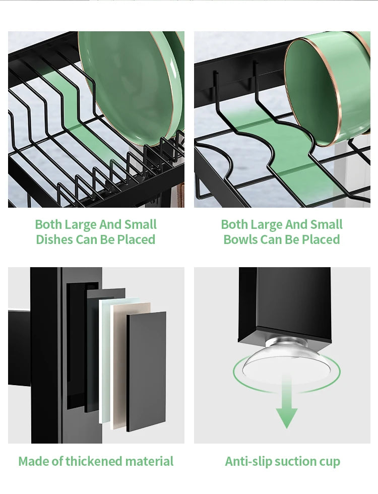 Large over the Sink Dish drying rack Kitchen tablewares storage shelf Adejustable Height and Length Rust Proof Black