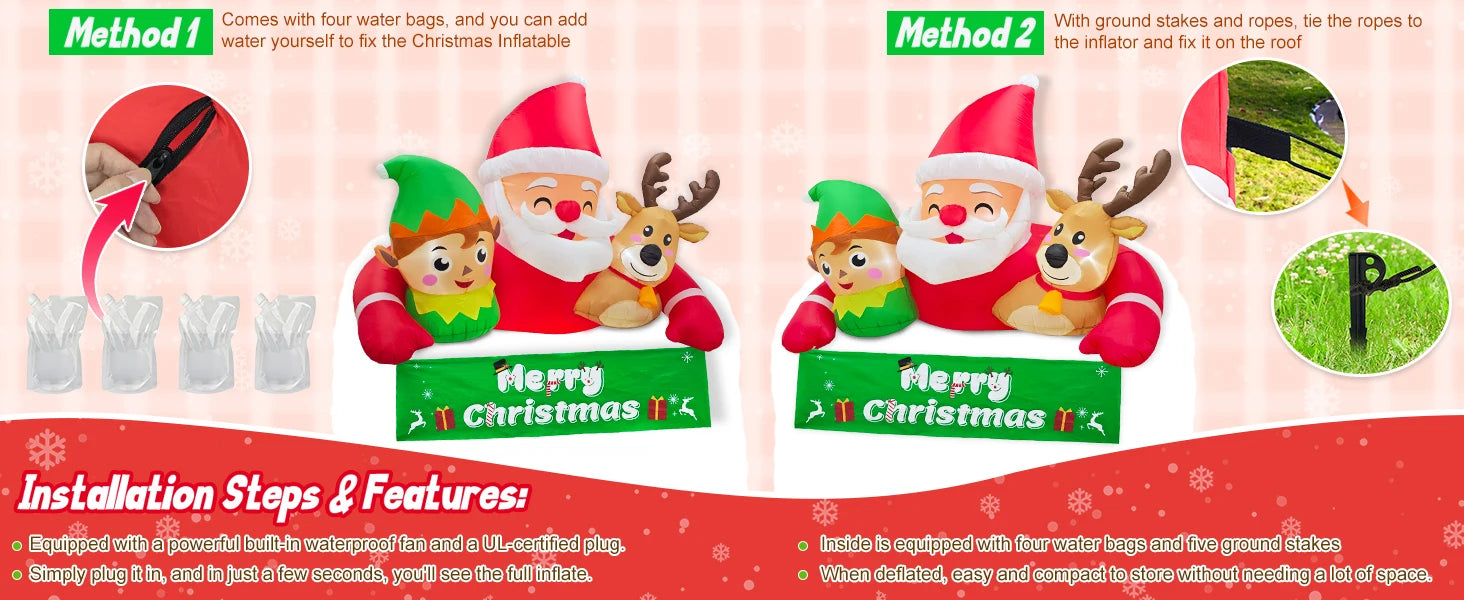 OurWarm 7.2FT Christmas Inflatable Outdoor Decoration,Detachable Banner Inflatable Santa Claus Outdoor with Elf & Reindeer Decor
