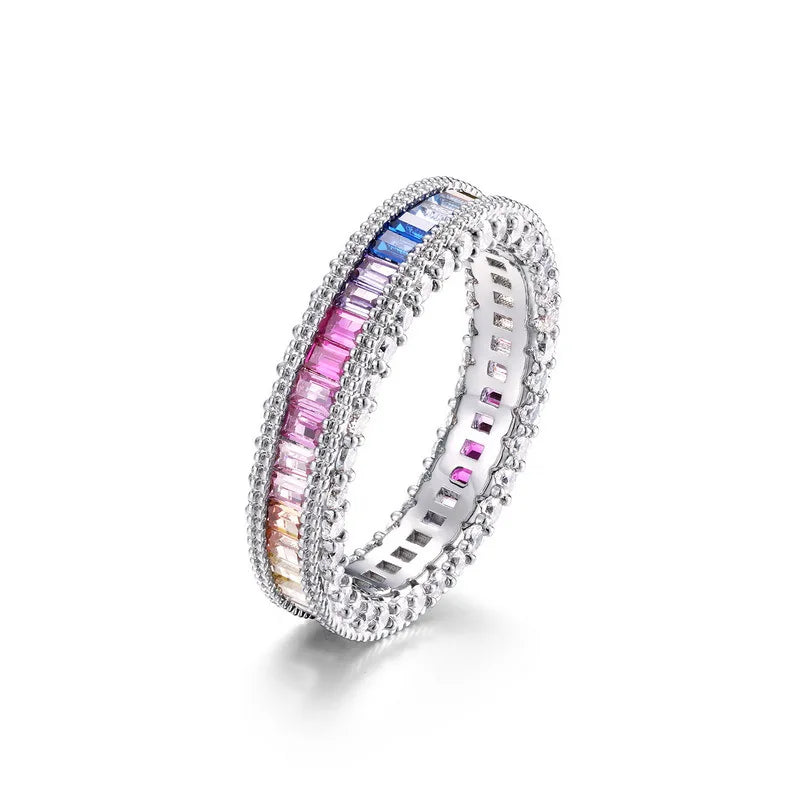 ALLNOEL Rainbow Band Ring for Woman Pure 925 Sterling Sliver 5A Zircon Eternity Fine Jewelry Colorful Engagement Birthday Gifts
