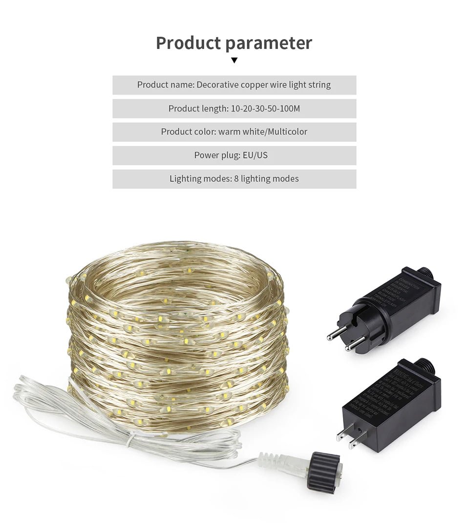 Outdoor LED String Lights Garland 100M Waterproof Fairy Light Festoon 220V Copper Wire Chain Lamp Christmas Wedding Party Decor