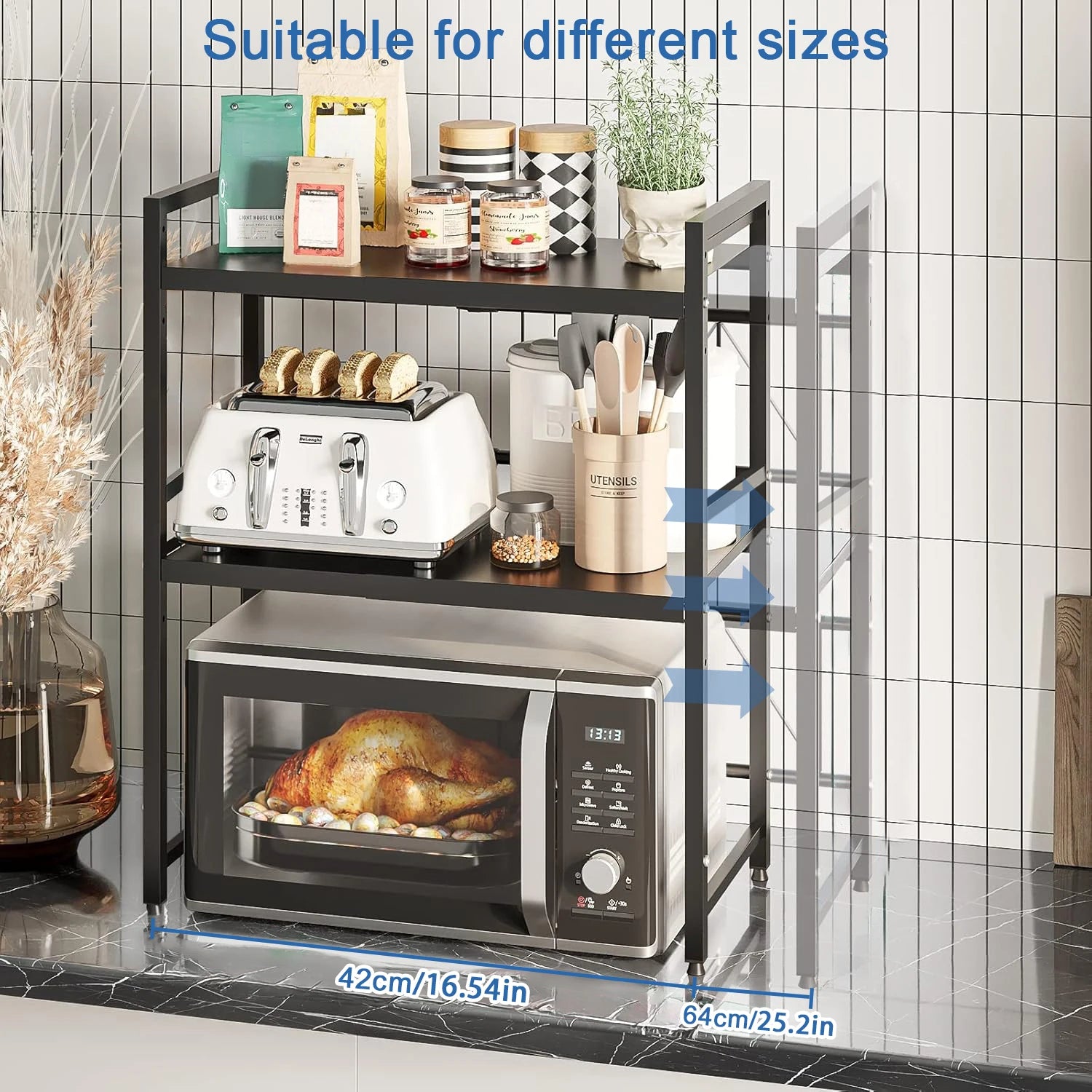 Expandable Microwave Oven Rack 2 Tier microwave shelf, with 6 hooks Adjustable Width Kitchen Counter Organizer Shelf Stand