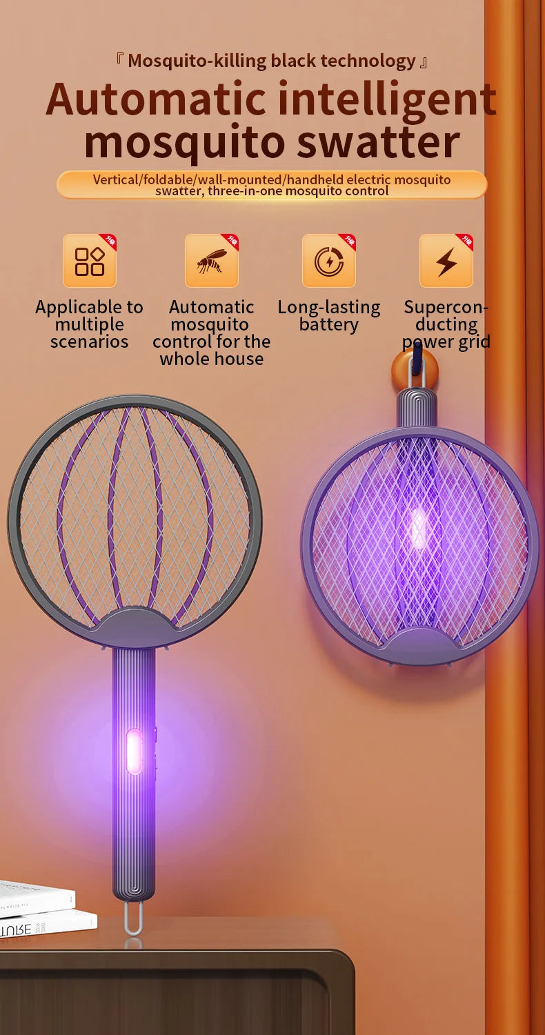 3 in 1 Foldable USB Rechargeable 3000V Mosquito Fly Swatter UV Trap LED Dual Switch Safe Grid 0° Wall Stick Bug Zapper