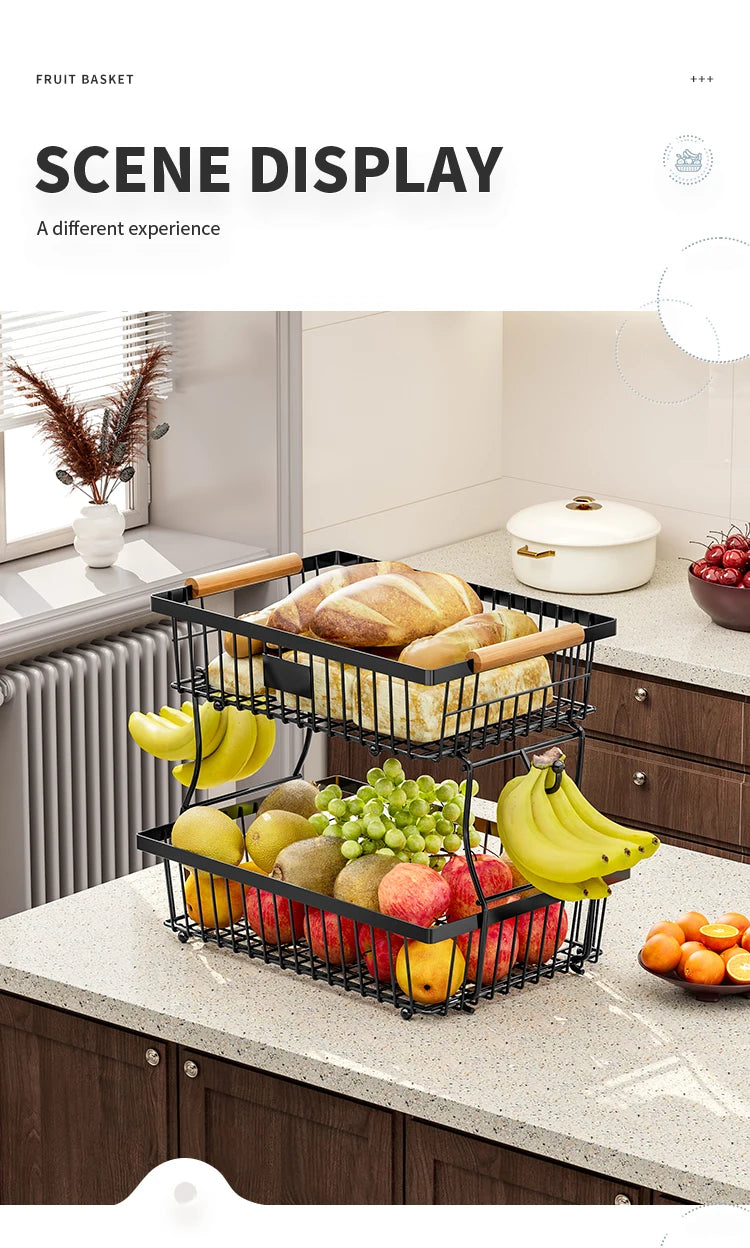 fruit basket vegetable basket,Metal storage basket with hook and wooden handle,Stackable and removable kitchen storage rack