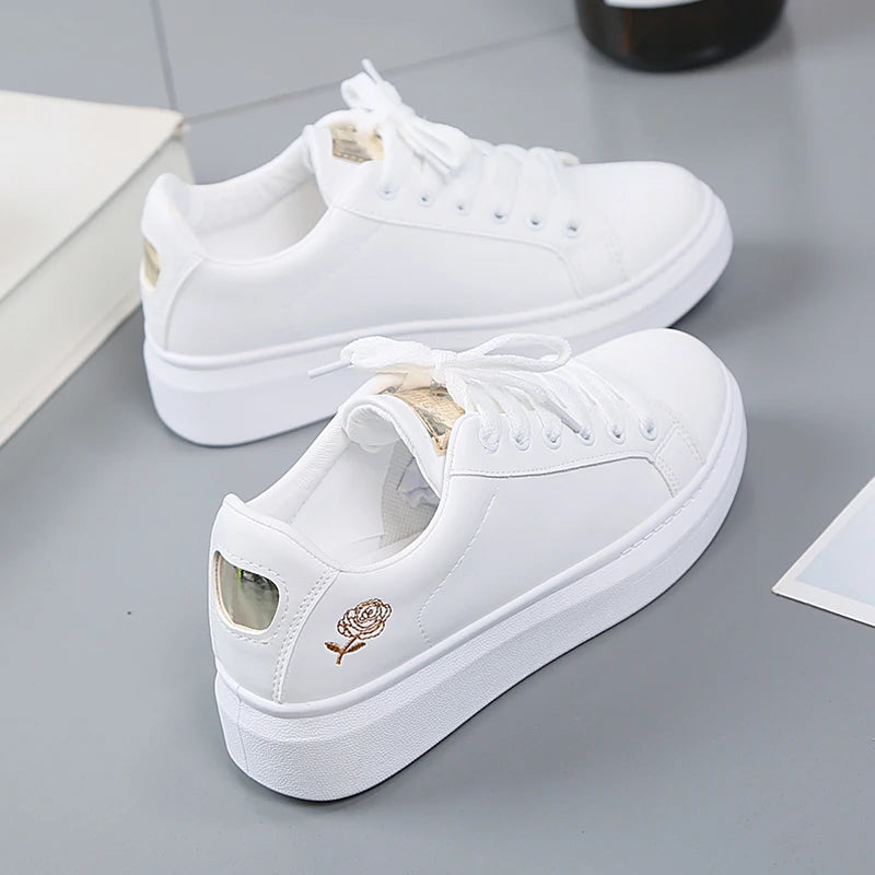 Women’s White PU Leather Sneakers – Breathable Low Top