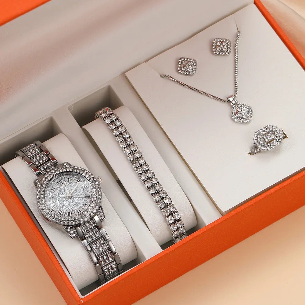 Fashion Luxury Full Crystal 5 Pcs Watch  Necklace Earrings  Ring  Set for Women Rhinestone  Wristwatch Female Bracelet Set Gift