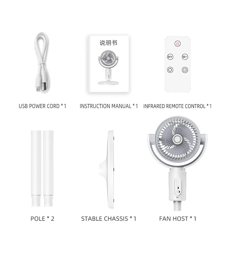 Rechargeable Oscillating Stand Fan 5 Speeds Adjustable Height USB Portable Air Circulator for Bedroom Office Living Room