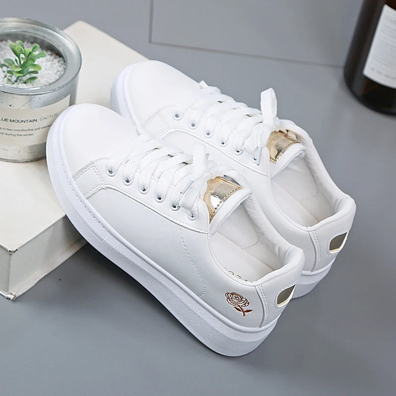 Women’s White PU Leather Sneakers – Breathable Low Top