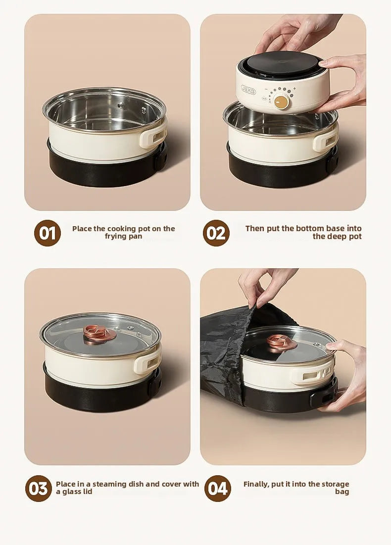 Electric Cooker 110V/220V Cooking Pot Foldable Hotpot 1.6L Portable Multi cookers Split Type Rice Cooker Frying Pan Home Travel