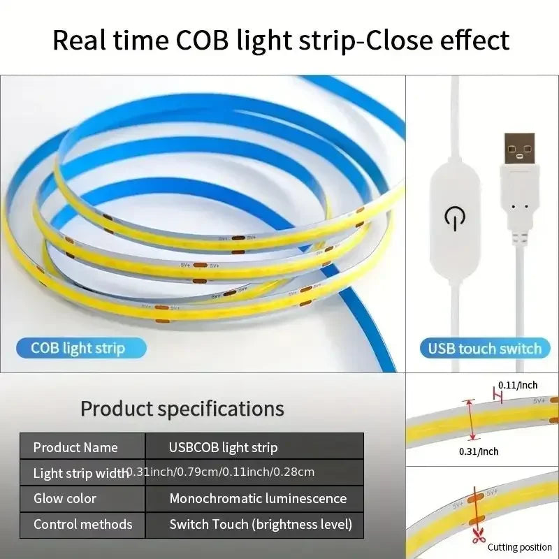 5V USB COB LED Light Strip Linear Touch Dimmable Flexible Diode Tape Home Christmas Lights TV Mirror Backlight Room Decoration