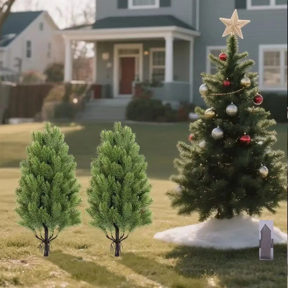 2pcs Artificial Christmas Pine Trees with Black Spiked Base - Indoor/Outdoor Holiday Decor-  Thanksgiving, Christmas Decor