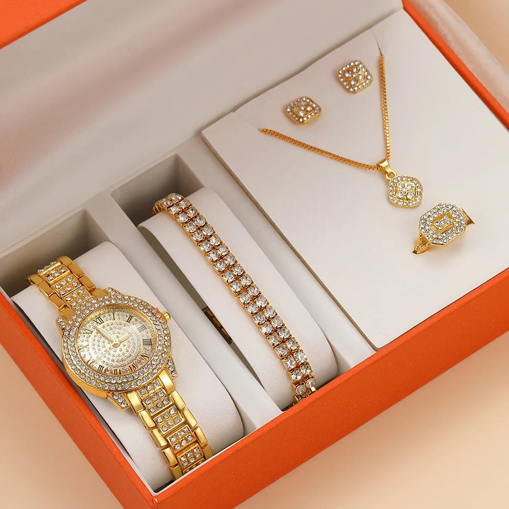 Fashion Luxury Full Crystal 5 Pcs Watch  Necklace Earrings  Ring  Set for Women Rhinestone  Wristwatch Female Bracelet Set Gift