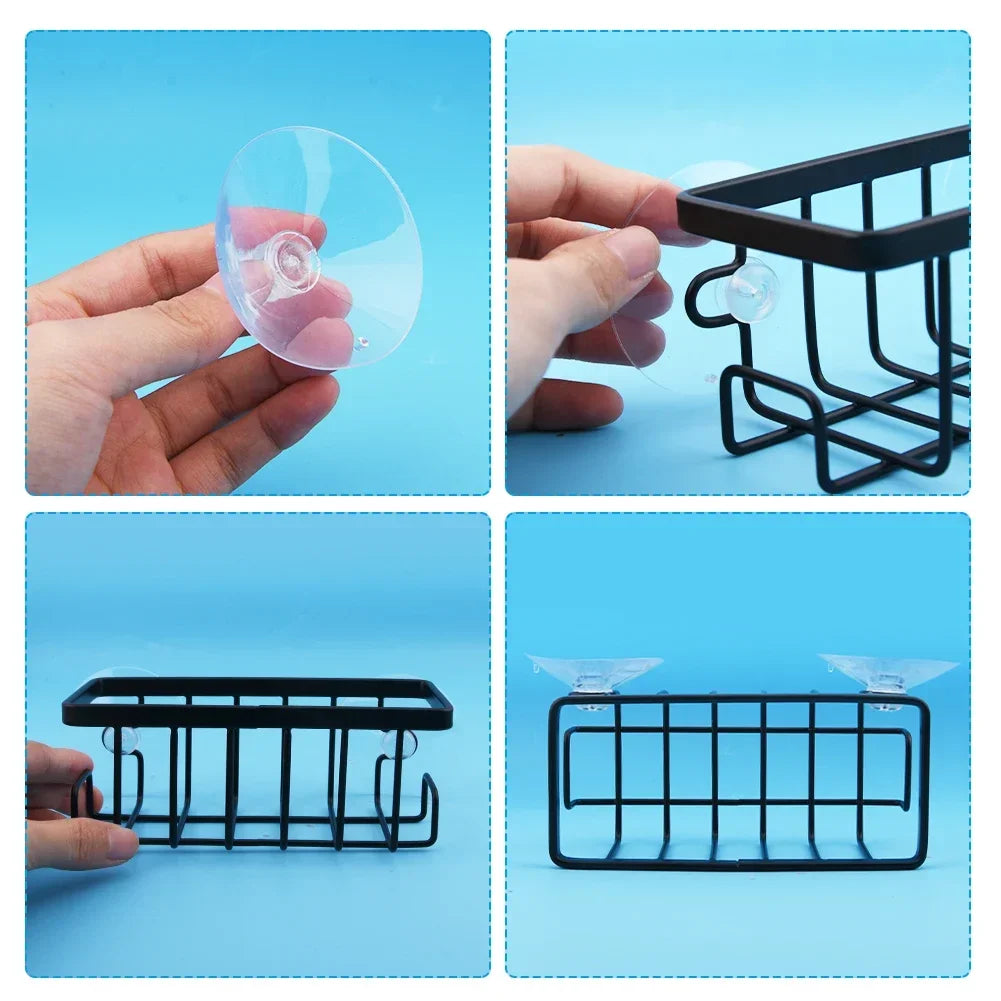 Home With Hook Draining Durable Soap Black Kitchen Sink Scrubber Countertop Sponge Holder Hollowed Suction Cup Caddy Organizer