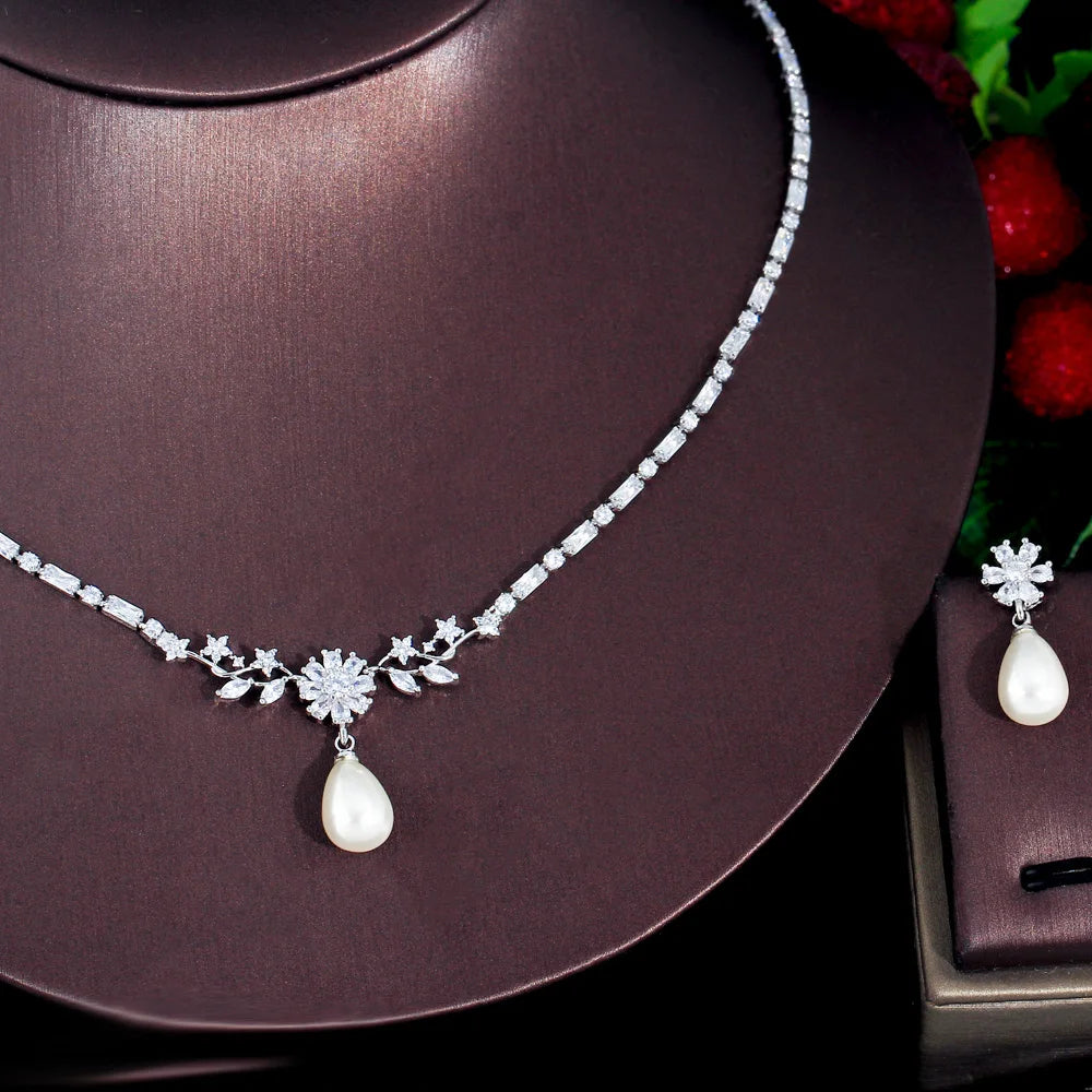ThreeGraces Shining Cubic Zirconia Silver Color Simulated Pearl Earrings Necklace Fashion Flower CZ Jewelry Set for Women TZ839