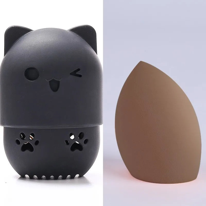 Pink Cute Cat Soft Silicone Cosmetic Sponge Box Holder with Beauty Eggs Portable Powder Puffs Holder Sponge Make Up Drying Cases