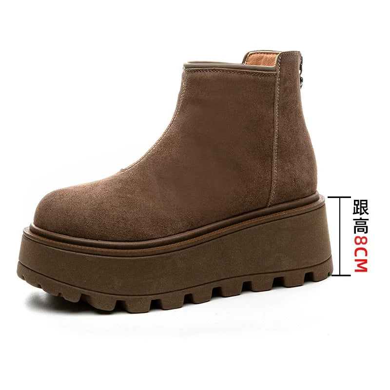 Fujin 7cm Suede Leather Snow Shoes Ankle Booties Platform Winter Boots Women Comfortable Non Slip Chelsea Boots Chunky Heel