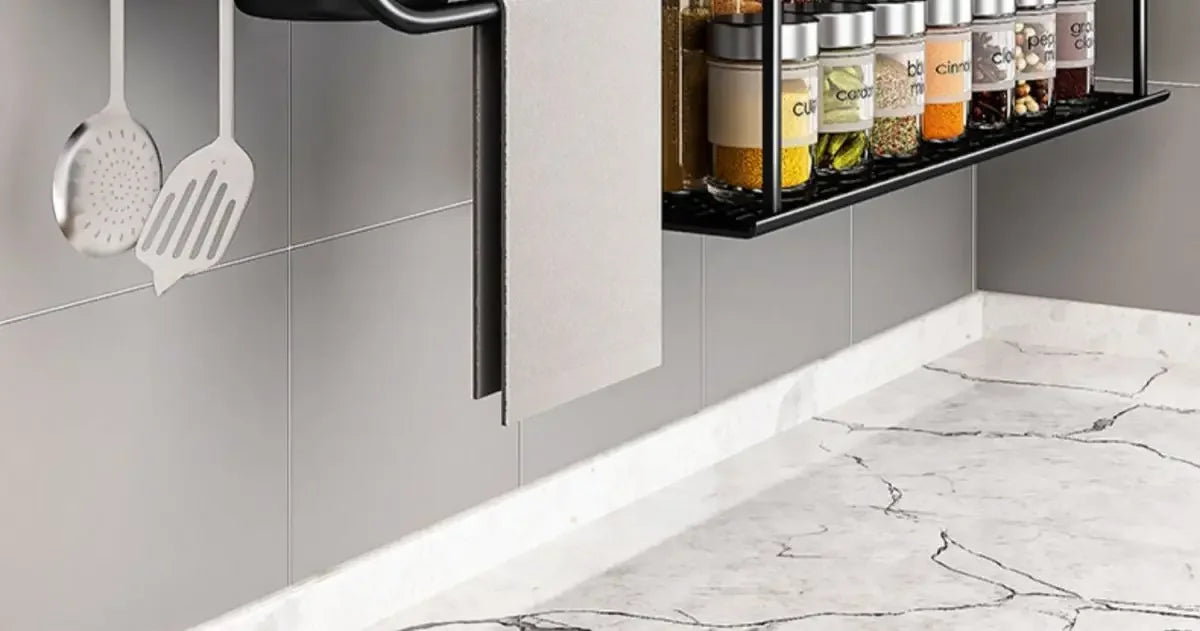 Stainless Steel Kitchen Wall Rack with Hooks & Shelf